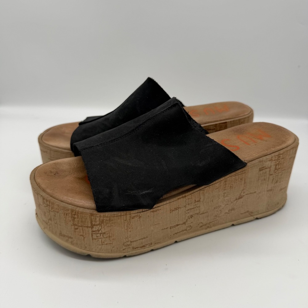 Musse & Cloud Black Leather Platform Slide‎ Sandals Cork Wedge Made in Spain